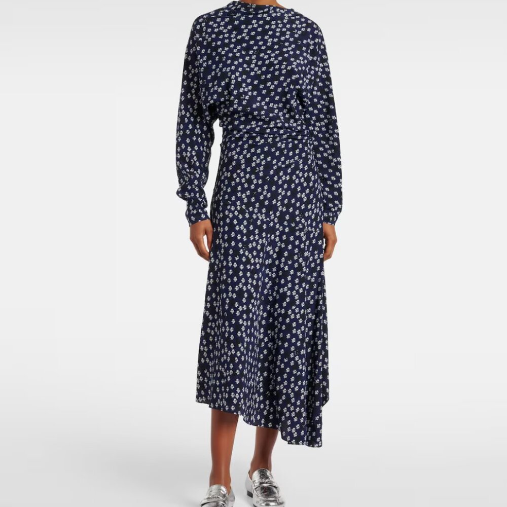 Proenza Schouler Navy Floral Asymmetrical Midi Dress Size 2